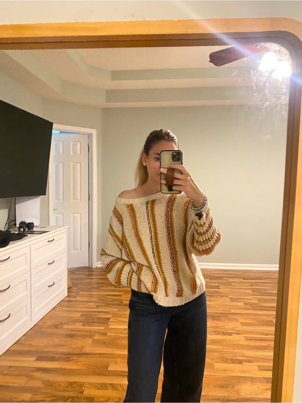 Billabong Cream Striped Off-Shoulder Sweater with Mustard & Rust Accents